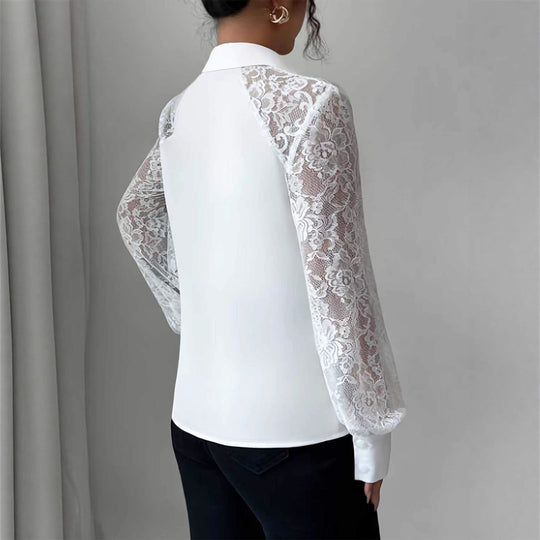 Damen Elegante Bluse mit Spitzeneinsätzen und Hemdkragen EB