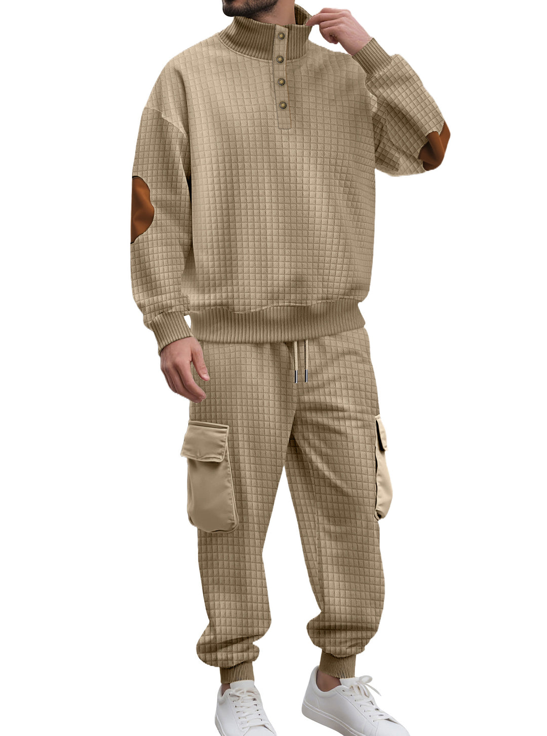 Herren nan Karo-Relief-Sweatset mit Stehkragen-Knopfleiste, Velours-Ellenbogenpatches und Cargo-Jogger EB