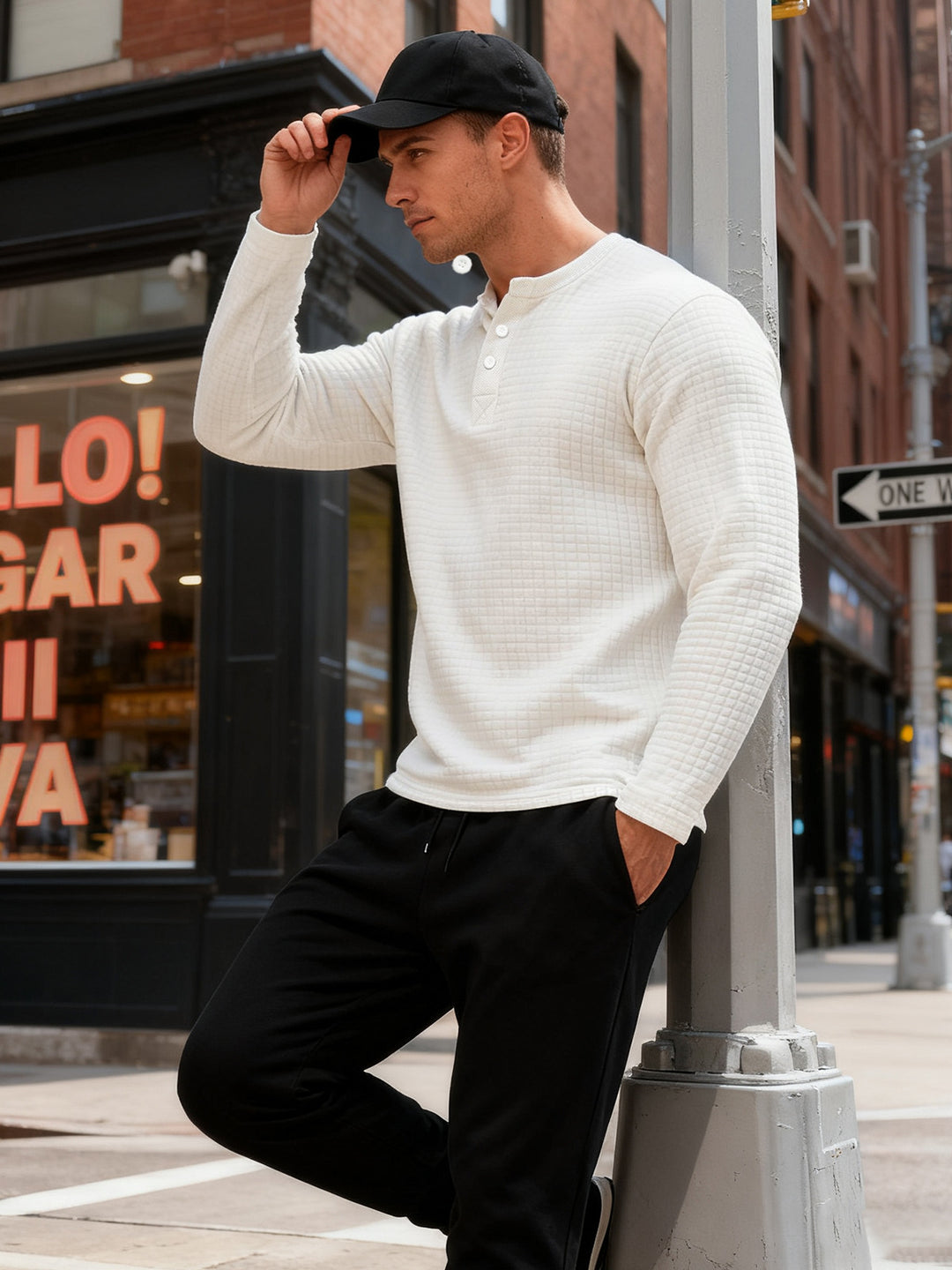 Herren nan strukturiertes Henley-Langarmshirt aus Waffelstrick mit Stehkragen und schmaler Silhouette EB