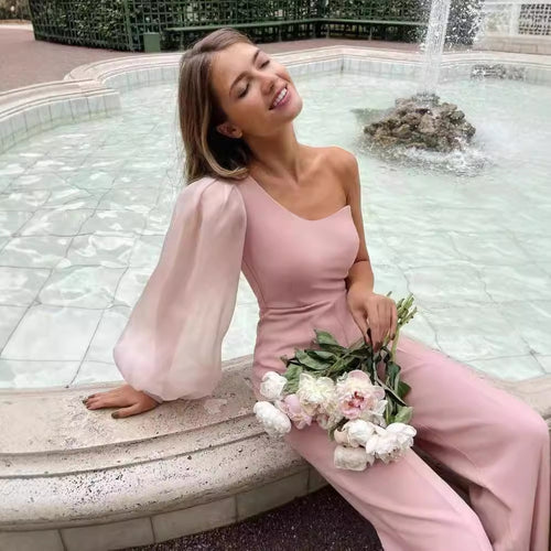 Damen Eleganter Einteiler mit asymmetrischem Schnitt und transparenten Ärmeln EB