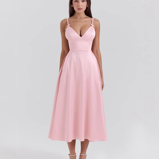 Damen Midikleid mit elegantem V-Ausschnitt und schwingendem Rock EB