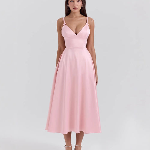 Damen Midikleid mit elegantem V-Ausschnitt und schwingendem Rock EB