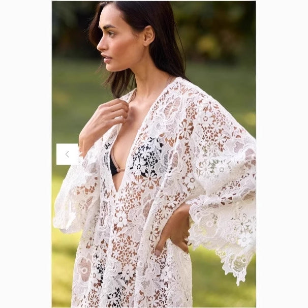 Damen Strandkimono mit floralem Häkelmuster und weit ausgestellten Ärmeln EB