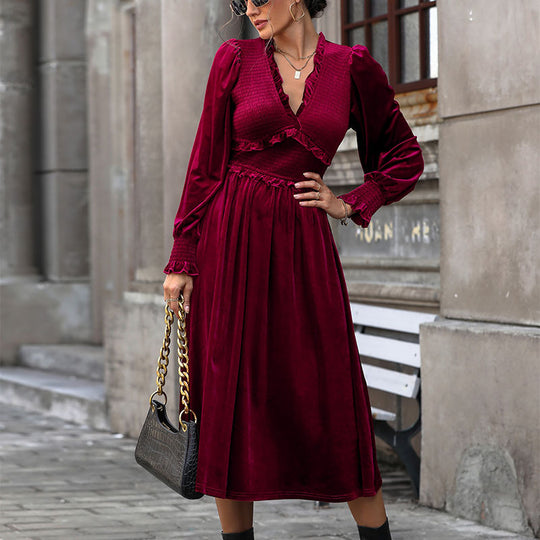 Damen elegantes Langarm-Wickelkleid mit Rüschendetails und hohem Rücken EB