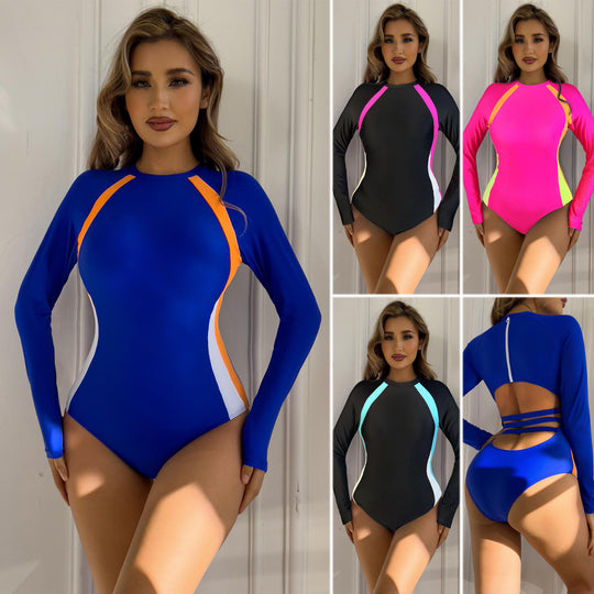 Damen Sportlicher Langarm-Badeanzug mit Farbblockdesign EB