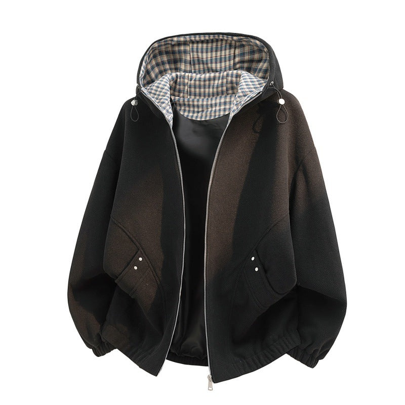 Damen oversized Fleecejacke mit Kapuze und karierter Innenfütterung EB