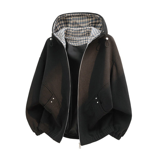 Damen oversized Fleecejacke mit Kapuze und karierter Innenfütterung EB