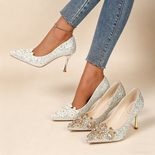 Damen Glitzernde High-Heel Pumps mit feinen Perlen- und Kristallverzierungen EB