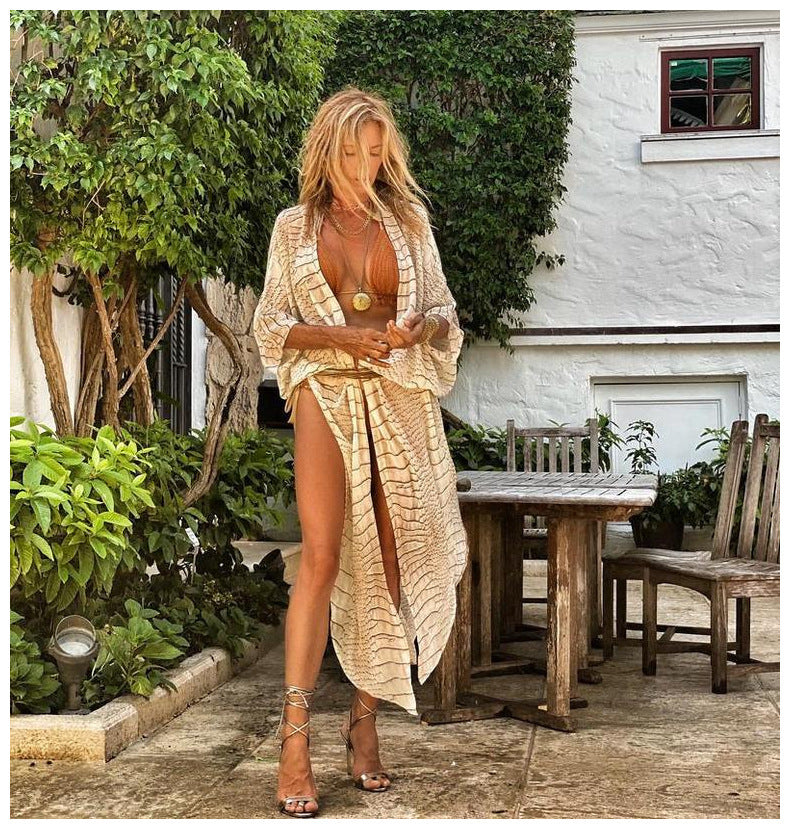 Damen elegantes Kaftan-Kleid mit einzigartigem Camouflage-Design und Taillengürtel EB