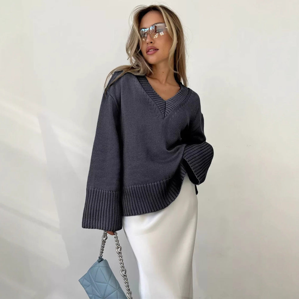 Damen nan oversized Feinstrickpullover mit tiefem V-Ausschnitt, gerippten Bündchen und lockerer Silhouette EB