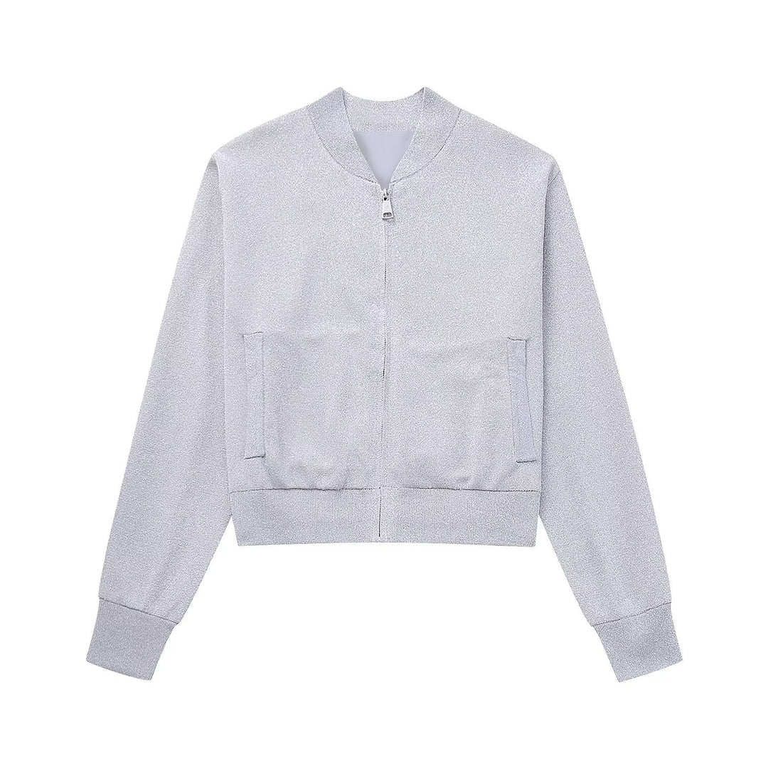 Damen Sportliche Bomberjacke mit glitzerndem Obermaterial und praktischen Taschen EB