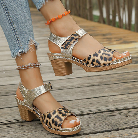 Damen Blockabsatz-Sandalen mit modischem Leopardenmuster und verstellbarem Riemen EB