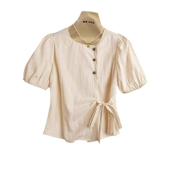 Damen Elegantes Wickeloberteil mit Knopf- und Schleifendetails EB