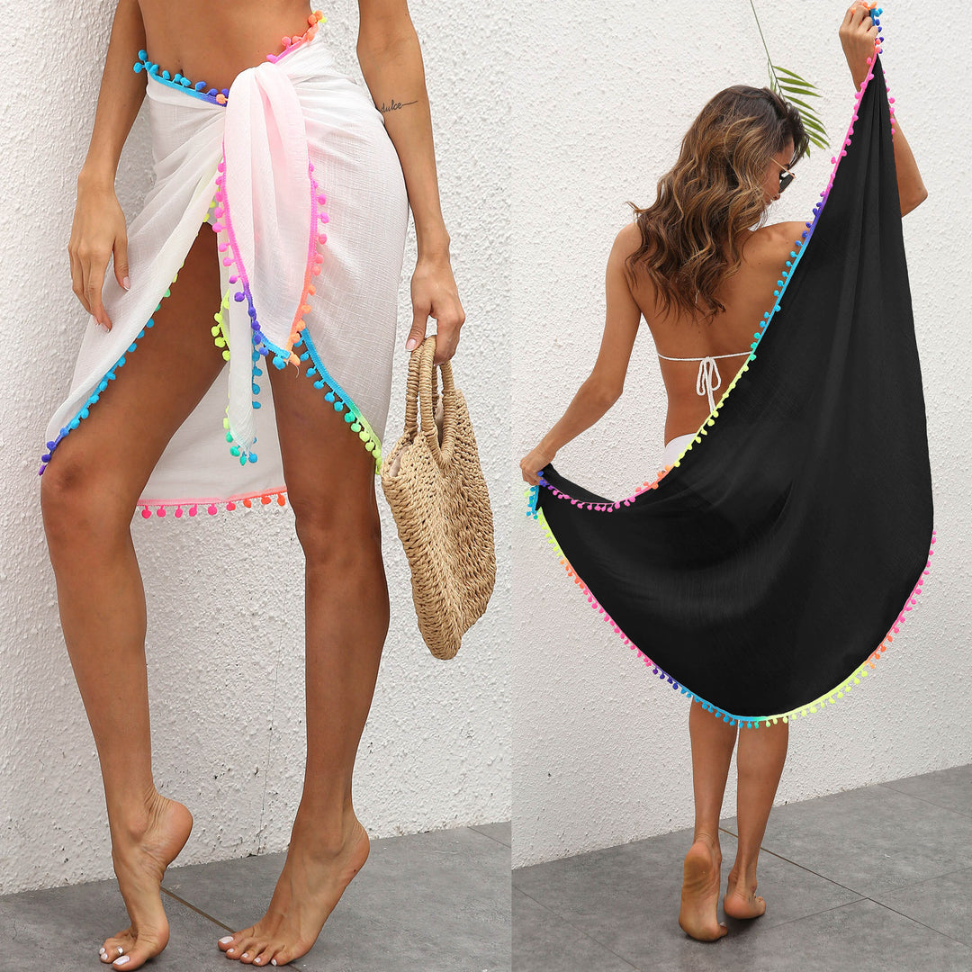Damen eleganter Strandüberwurf mit buntem Pompon-Rand EB