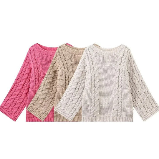 Damen Strickpullover mit voluminösen Ärmeln und strukturiertem Zopfmuster EB