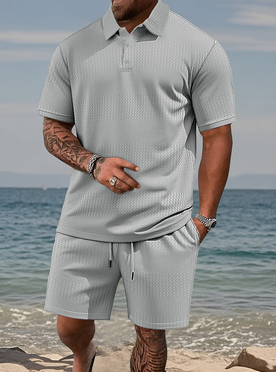 Herren nan geprägtes Strand-Ensemble mit offenem Kurzarm-Hemd und Kordel-Bermuda EB