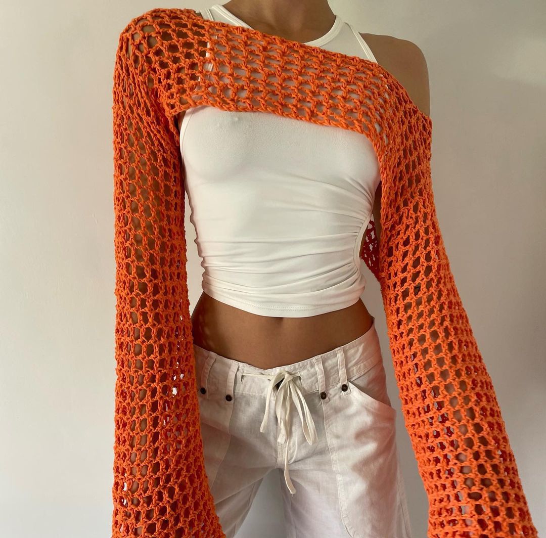 Damen gehäkeltes Langarm-Top mit Off-Shoulder-Design EB
