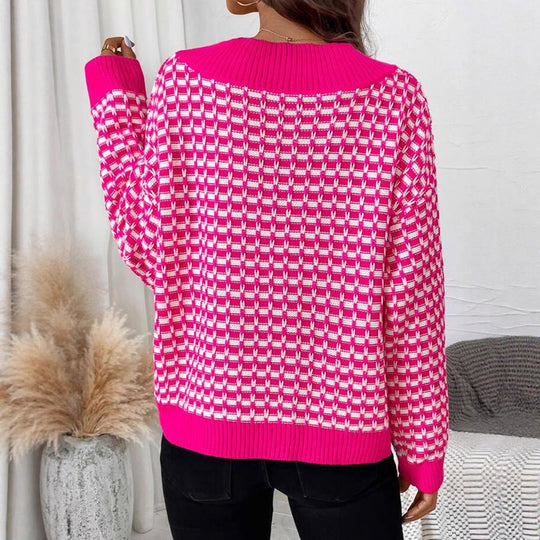 Damen Strickpullover mit V-Ausschnitt und modernem Karomuster EB