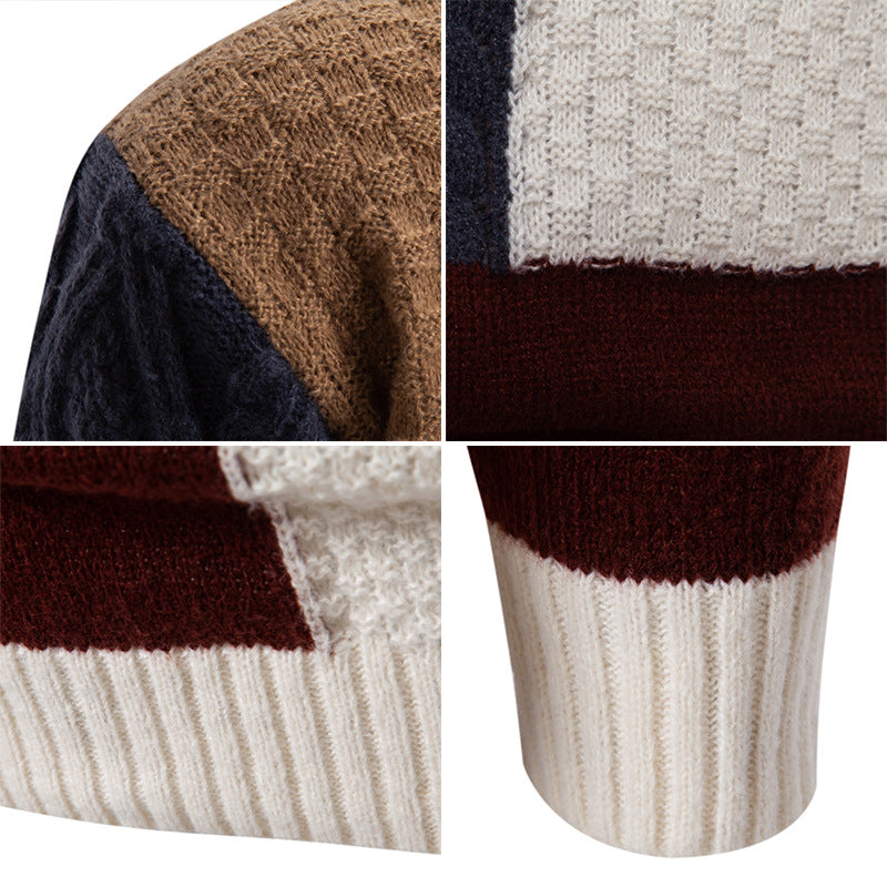 Herren nan strukturierter Patchwork-Strickpullover mit hohem Stehkragen und kombinierten Strickmustern EB