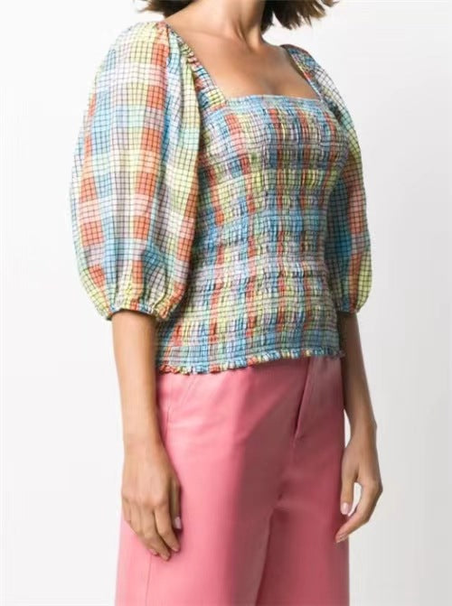 Damen Puffärmel Bluse mit kariertem Design EB