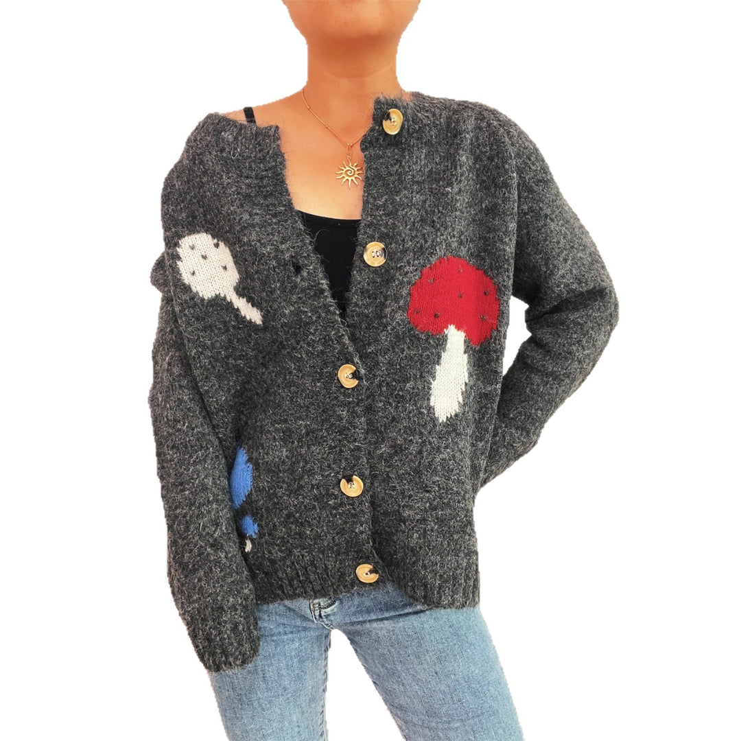 Damen Strickjacke mit buntem Pilzmotiv und Knopfdetails EB