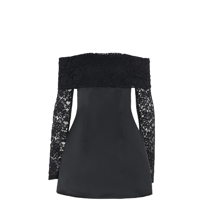 Damen elegantes schulterfreies Minikleid mit Spitzenärmel und schwingendem Rock EB