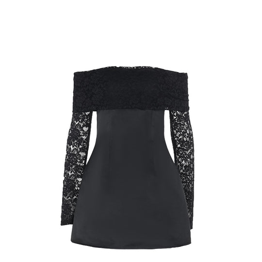 Damen elegantes schulterfreies Minikleid mit Spitzenärmel und schwingendem Rock EB