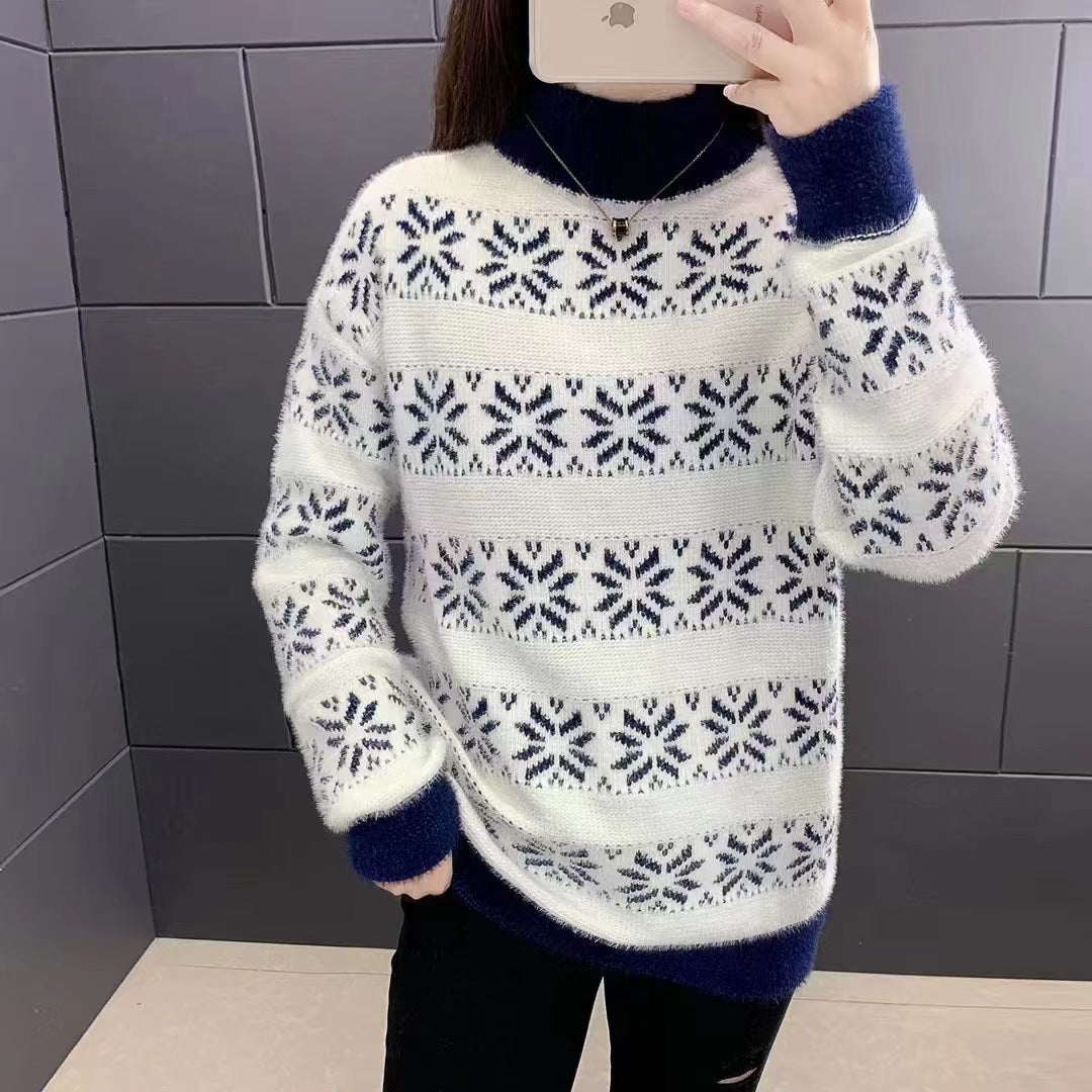 Damen Strickpullover mit modernem Schneeflocken-Muster und Stehkragen EB