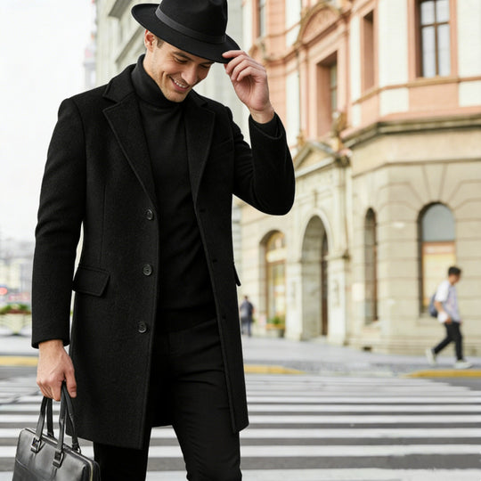 Herren nan eleganter City-Mantel aus Wollmix mit schmaler Silhouette, Reverskragen und Pattentaschen EB