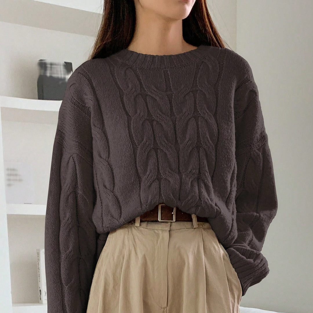 Damen Gemusterter Strickpullover mit voluminösen Ärmeln und Rundhalsausschnitt EB