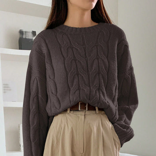 Damen Gemusterter Strickpullover mit voluminösen Ärmeln und Rundhalsausschnitt EB
