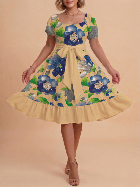 Damen Blumenkleid mit taillierbarem Gürtel und voluminösen Ärmeln EB