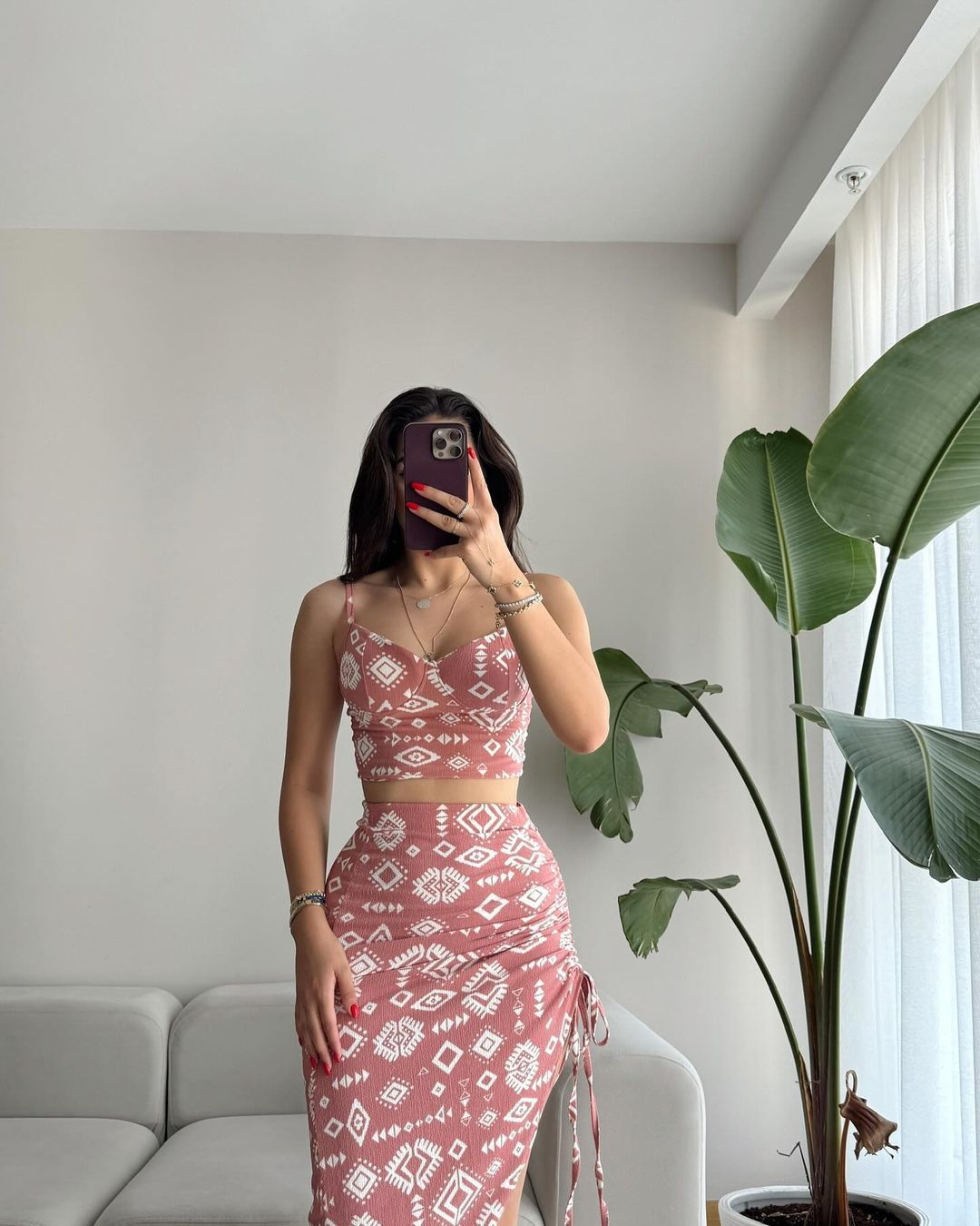 Damen Set aus Crop-Top und Knielangem Rock mit Raffungen EB