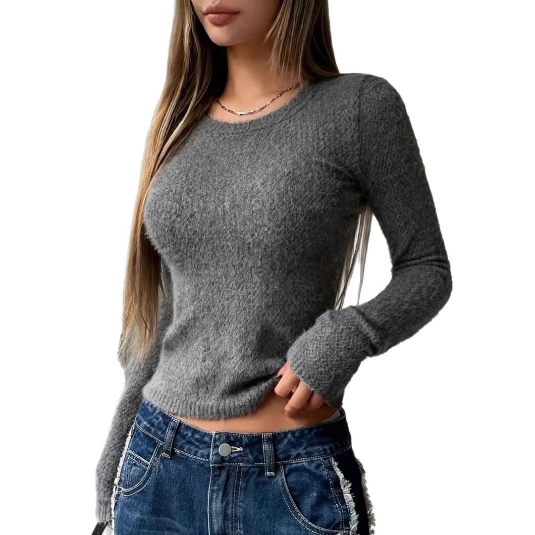 Damen Enganliegendes Flauschiges Feinstrick-Langarmshirt mit Rundhalsausschnitt EB
