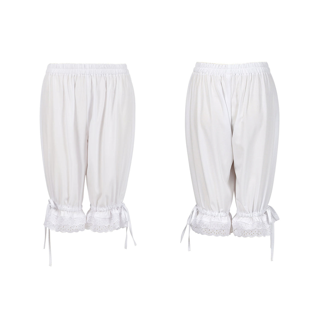 Damen nan geraffte Capri-Hose mit elastischem Bund, BindEbändern am Saum und Spitzen-Bordüre Eb