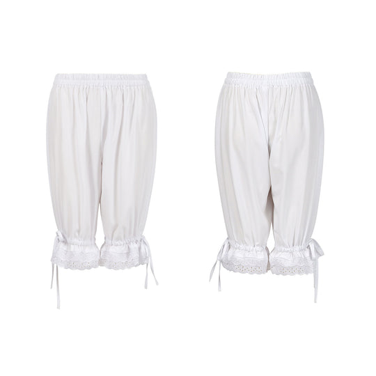 Damen nan geraffte Capri-Hose mit elastischem Bund, BindEbändern am Saum und Spitzen-Bordüre Eb
