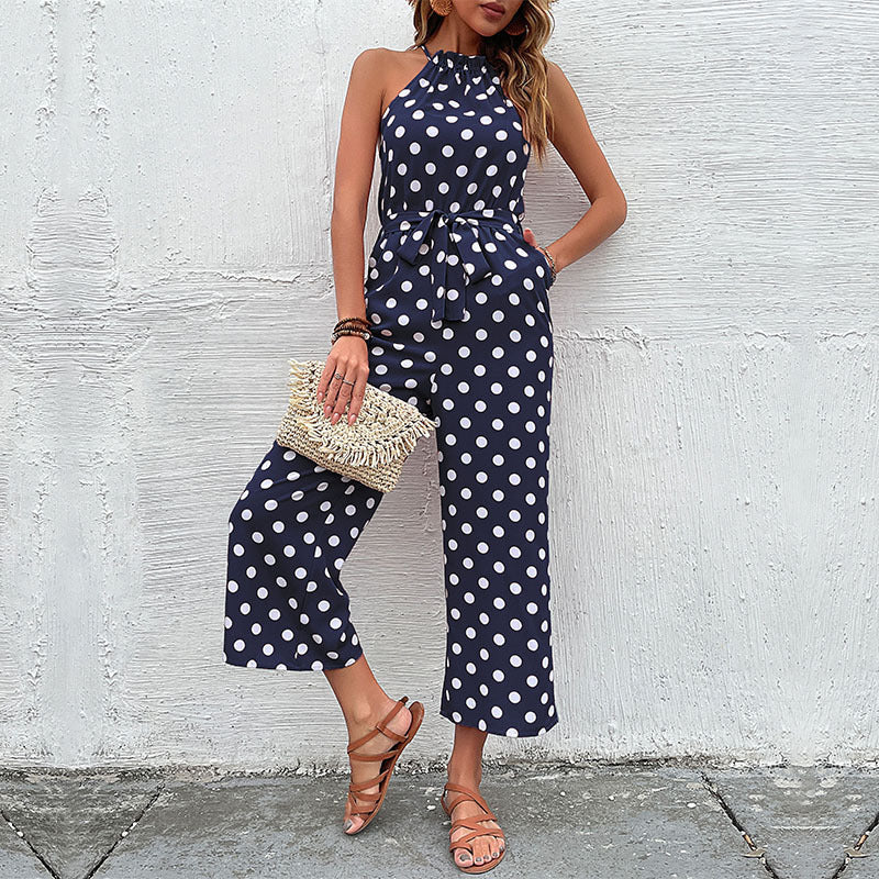 Damen eleganter Jumpsuit mit verstellbarem Bindegürtel und modischem Punkte-Design EB