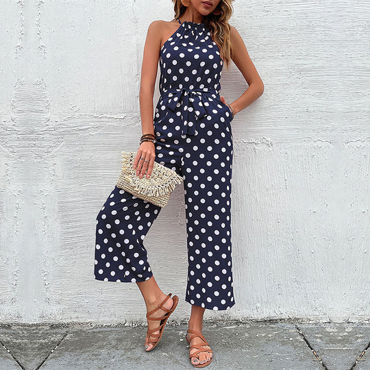 Damen eleganter Jumpsuit mit verstellbarem Bindegürtel und modischem Punkte-Design EB