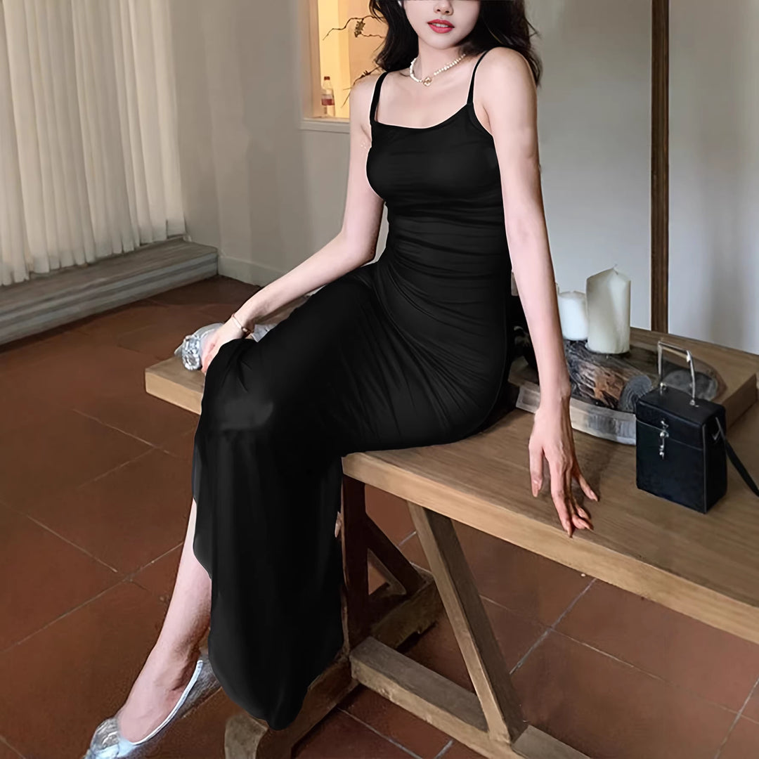 Damen langes Wickelkleid mit eleganter Silhouette und spaghettiträgen EB