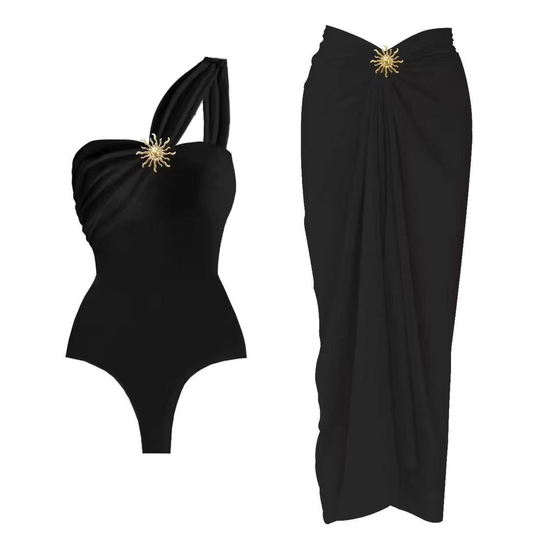 Damen einseitiger Badeanzug mit elegantem Drapierungsdesign und passendem Pareo EB
