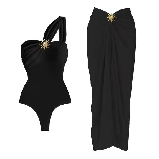 Damen einseitiger Badeanzug mit elegantem Drapierungsdesign und passendem Pareo EB