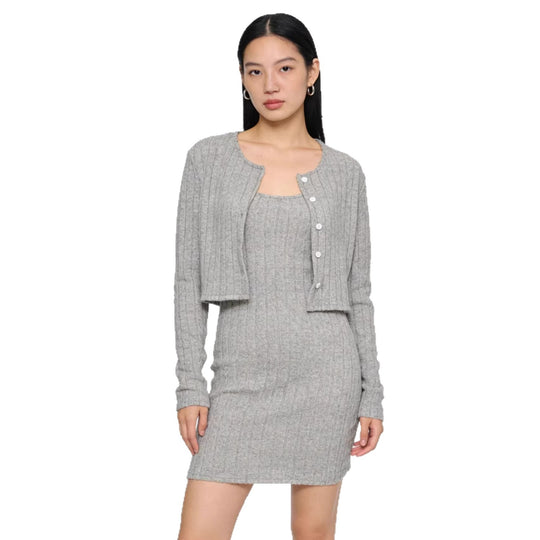 Damen Geripptes Strick-Kleid mit passendem Kurzcardigan EB