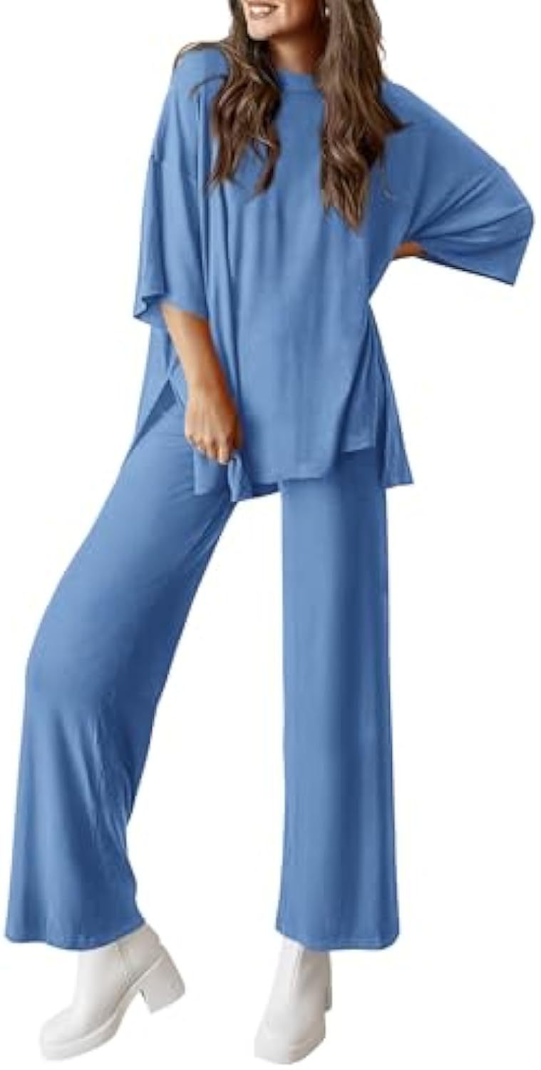 Damen Lässiges Lounge-Set aus weichem Jersey mit Oversize-Tunika und weiter Palazzo-Hose EB