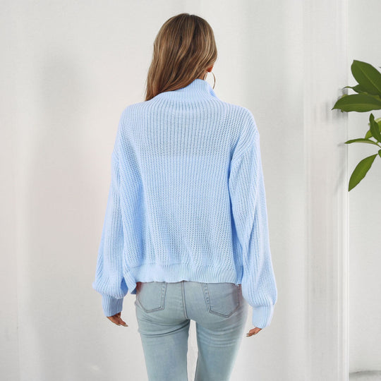 Damen lässiger Strickpulli mit hohem Kragen und Reißverschluss EB