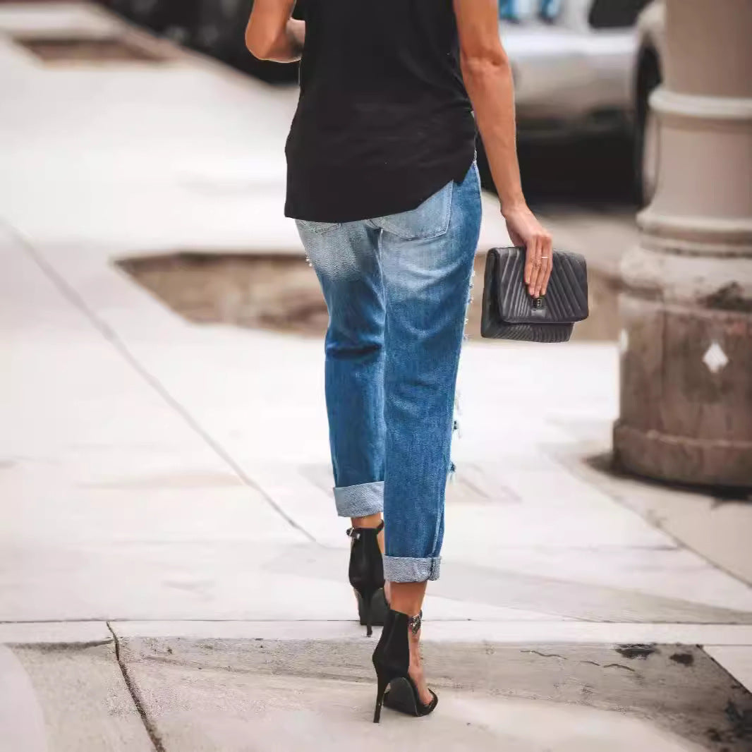 Damen Destroyed Boyfriend Jeans im lässigen Stil mit hohen Rissdetails EB