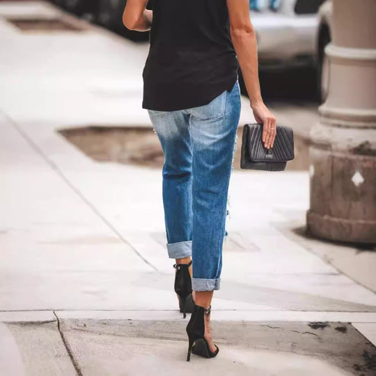 Damen Destroyed Boyfriend Jeans im lässigen Stil mit hohen Rissdetails EB