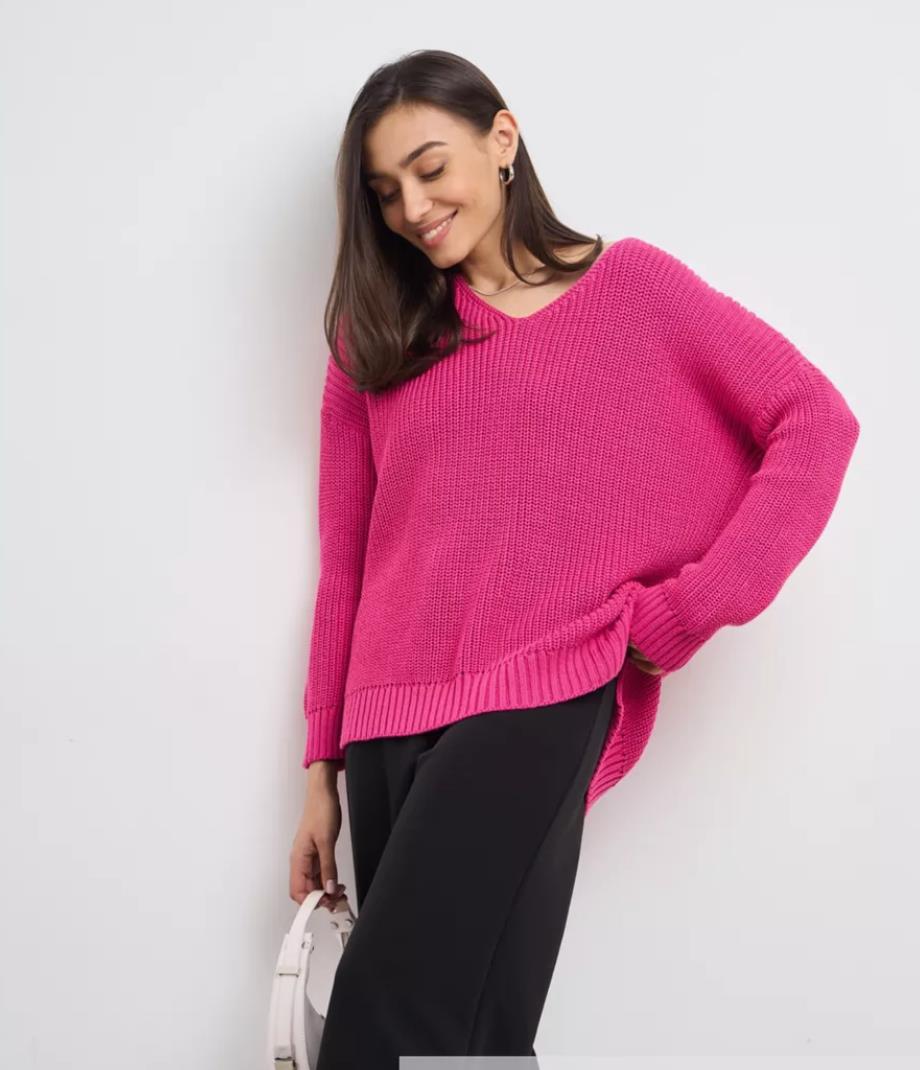 Damen lässiger Strickpullover mit tiefem V-Ausschnitt und seitlichen Schlitzen EB