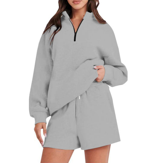Damen bequemen Freizeit-Sweatanzug mit halbem Reißverschluss und Shorts EB
