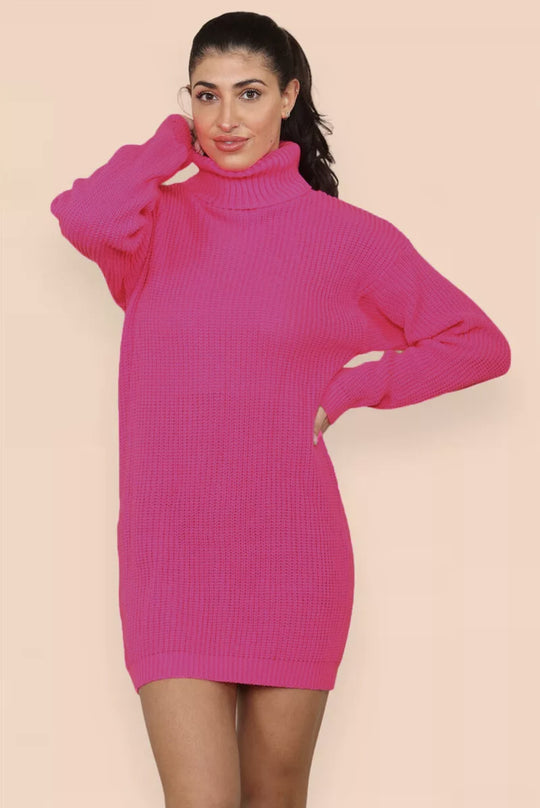 Damen Strickkleid mit hohem Kragen und strukturiertem Maschenbild EB