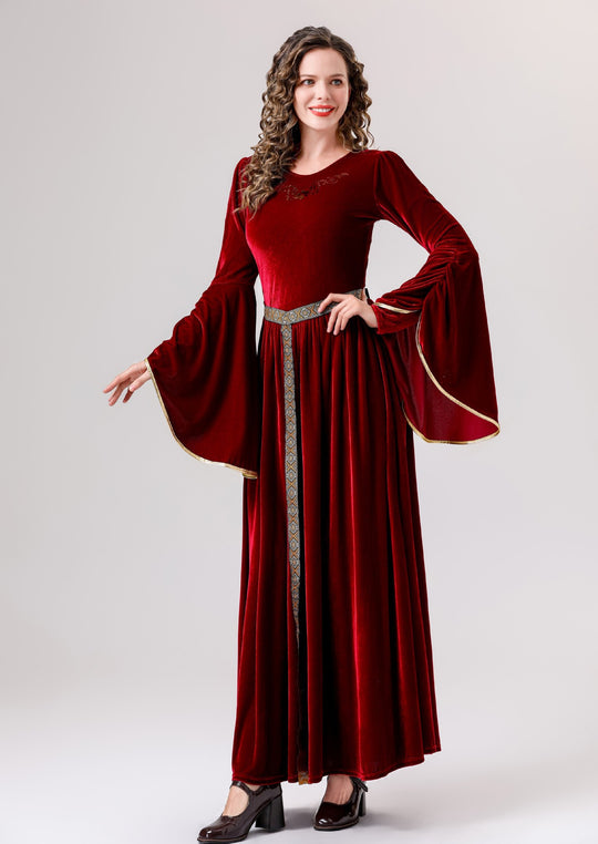 Damen elegantes Samtkleid mit Weitem Ärmel und Ziergürtel EB